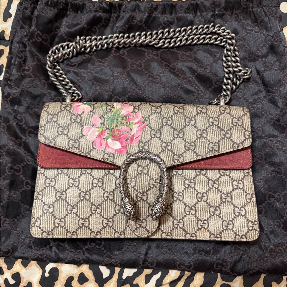 Gucci Beige GG Supreme Floral Print Shoulder Bag with Burgundy Trim